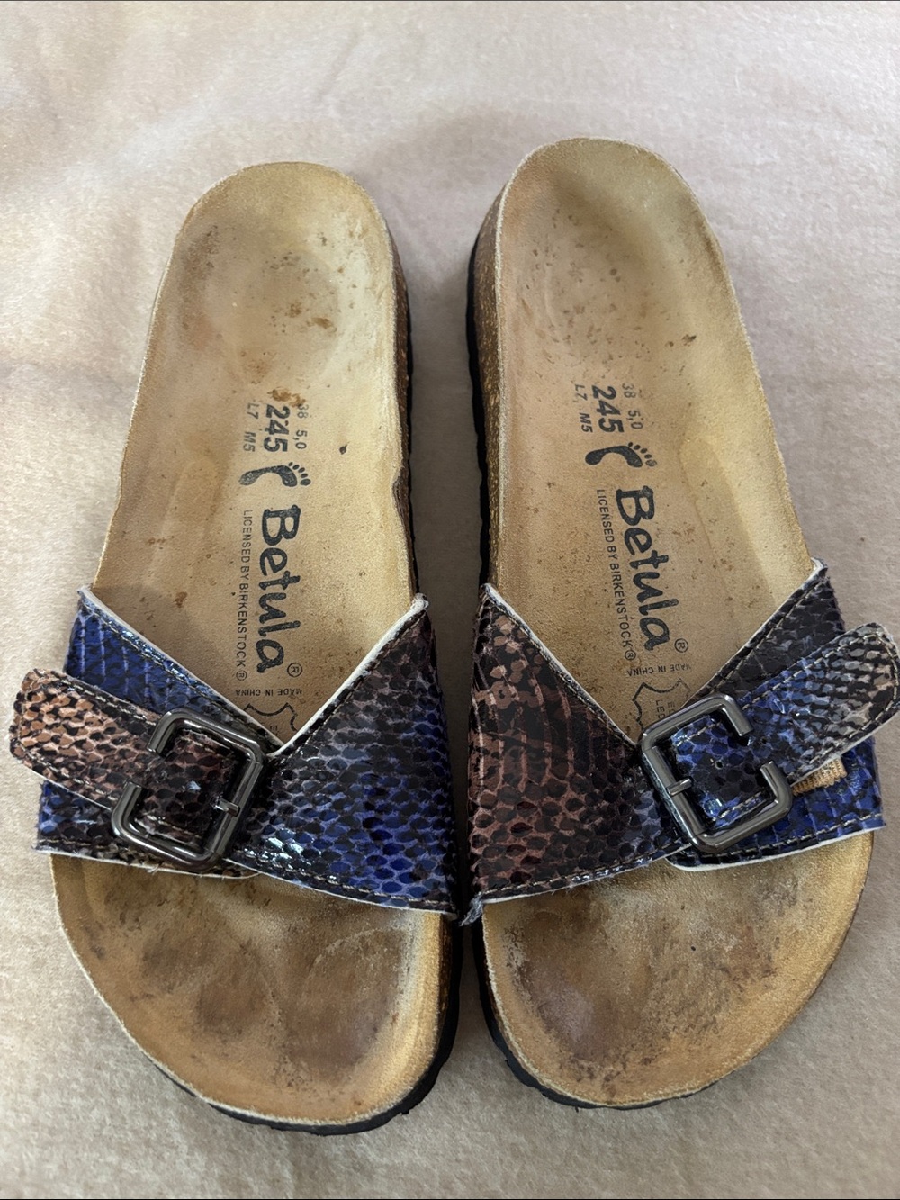 Birkenstock Bethula Snake-Print Slide Sandals in Blue & Brown Sz7 VGUC